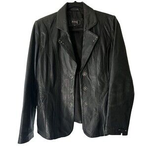 PLONGE Black Leather Women's Jacket Medium Studded Collared Button Mid-Length